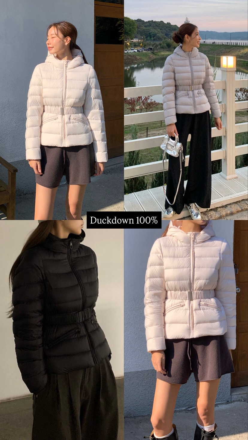 OBSESS韓國直郵26秋冬收腰連帽輕量羽絨服短款羽絨服含腰帶口OBSESS短款羽絨服