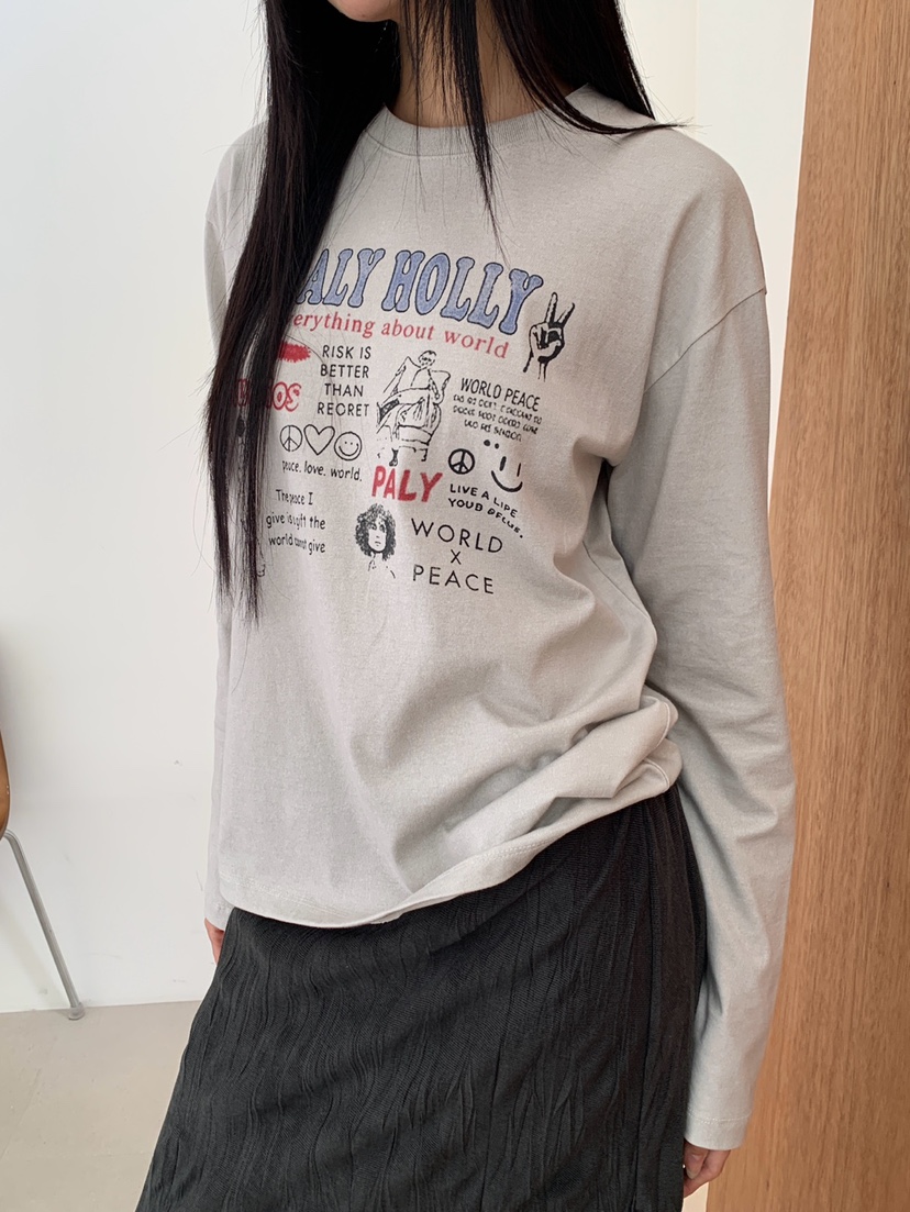 MORE THAN東大門實拍26秋冬趣味印花長袖T恤印花落肩圓領MORE THAN長袖T恤