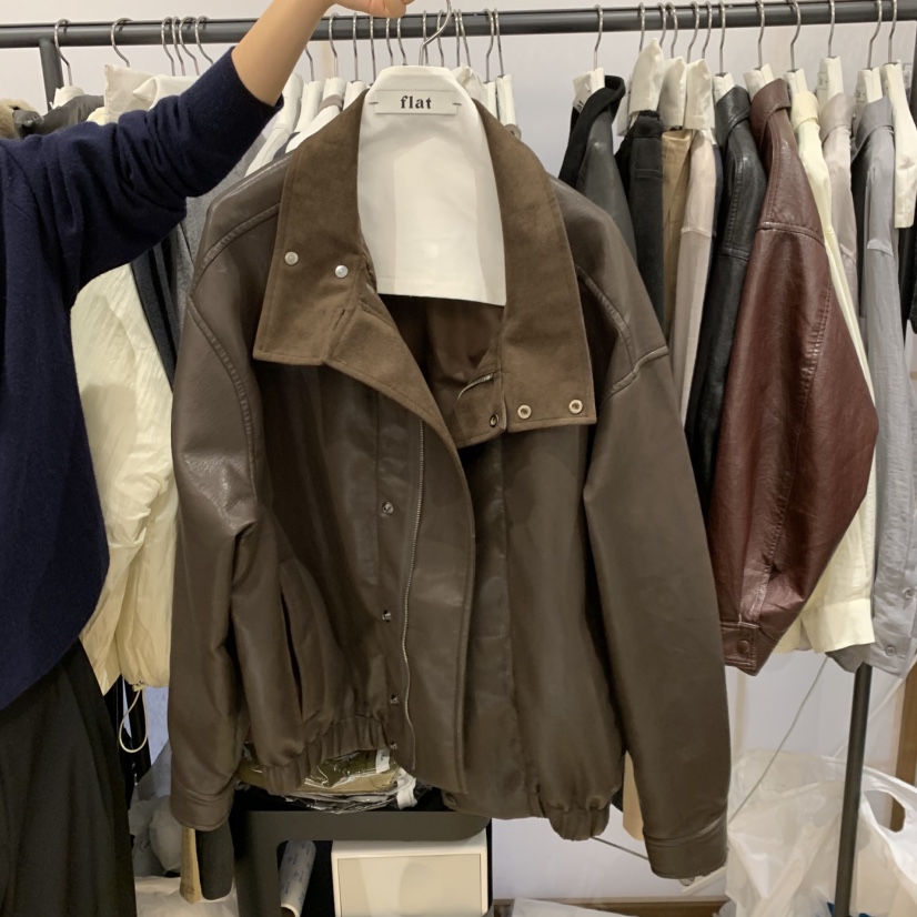 flat東大門代購26秋冬立領拼接皮夾克 復古休閑外套立領翻領紐flat夾克圖色1