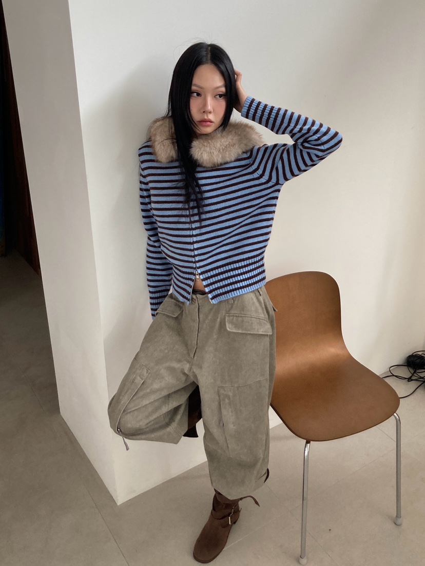 MORE THAN東大門實拍26秋冬短款條紋毛領針織衫拉鏈開合可拆卸MORE THAN針織衫