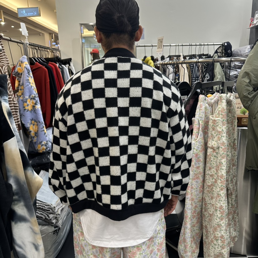LADYBLACK/THE BLACK東大門實拍26秋冬棋盤格針織開衫單排扣VLADYBLACK/THE BLACK開衫