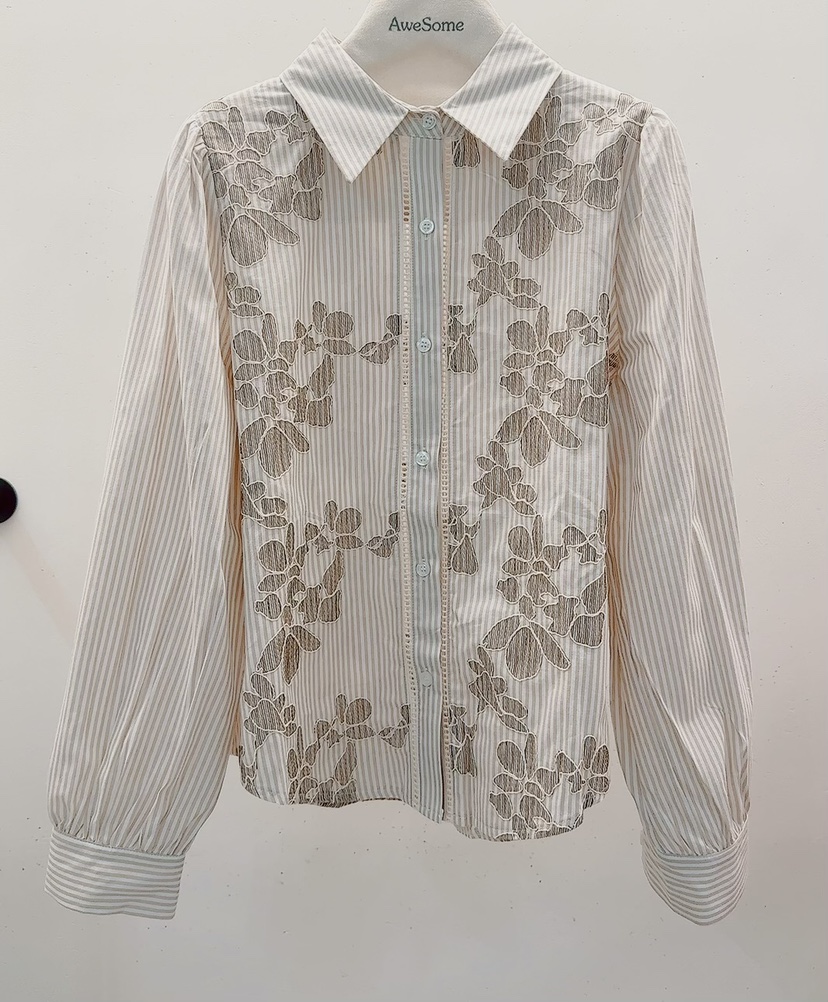 AWESOME東大門直郵26秋冬條紋刺繡長袖襯衫蕾絲衫刺繡翻領AWESOME襯衫/蕾絲衫圖色2