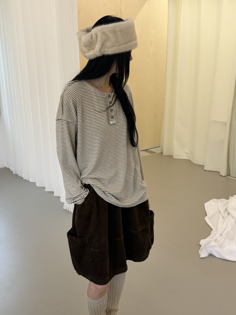 RIVER RAIN東大門實拍26秋冬亨利領條紋寬松長袖T恤直筒落肩寬RIVER RAIN長袖T恤
