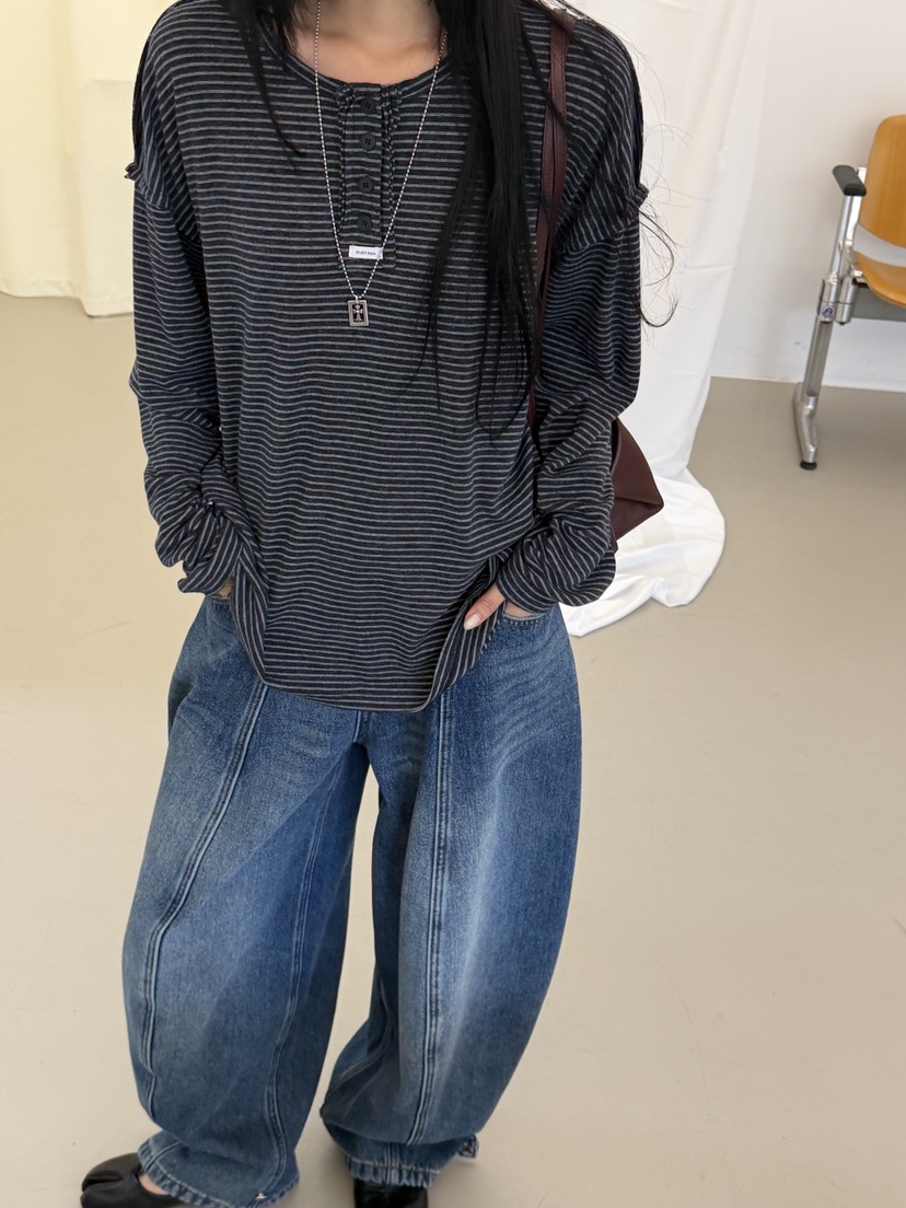 RIVER RAIN東大門實拍26秋冬亨利領條紋寬松長袖T恤直筒落肩寬RIVER RAIN長袖T恤