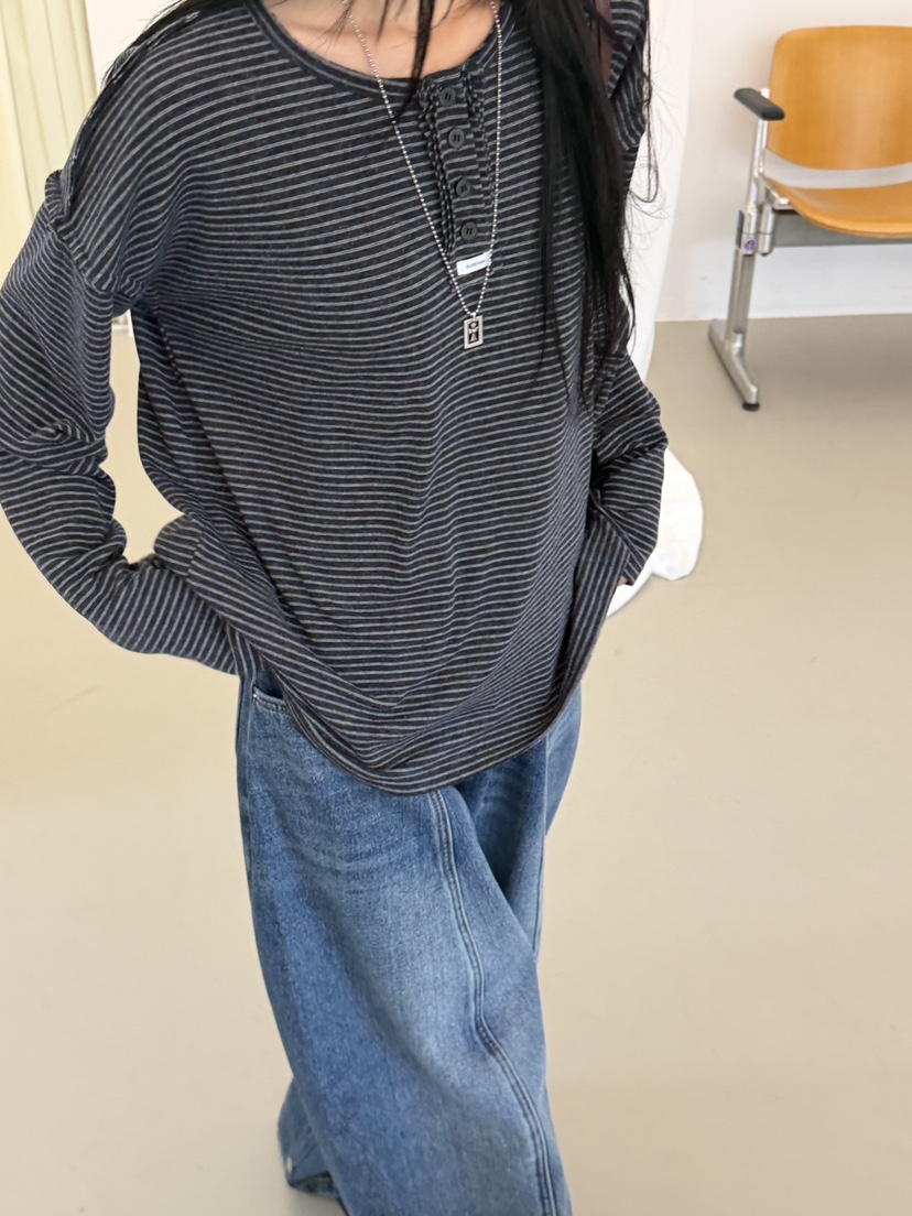 RIVER RAIN東大門實拍26秋冬亨利領條紋寬松長袖T恤直筒落肩寬RIVER RAIN長袖T恤