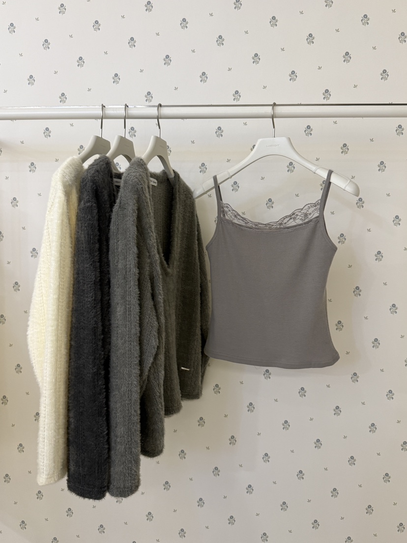 LOEEDIT東大門直郵26秋冬毛絨針織套裝 溫柔慵懶風V領抽繩直筒LOEEDIT套裝