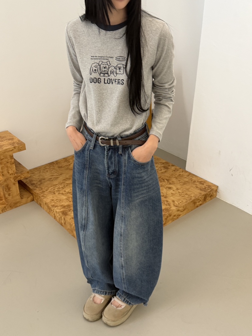 RIVER RAIN東大門實拍26秋冬撞領狗狗印花長袖T恤印花狗狗撞色RIVER RAIN長袖T恤