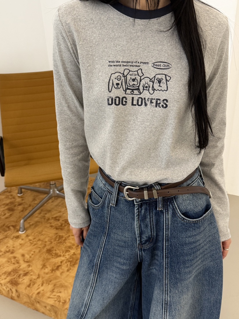 RIVER RAIN東大門實拍26秋冬撞領狗狗印花長袖T恤印花狗狗撞色RIVER RAIN長袖T恤