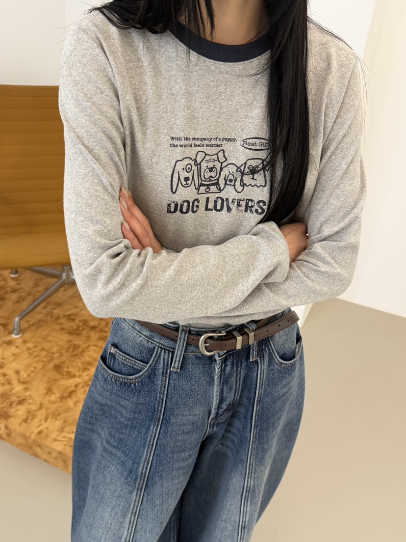 RIVER RAIN東大門實拍26秋冬撞領狗狗印花長袖T恤印花狗狗撞色RIVER RAIN長袖T恤