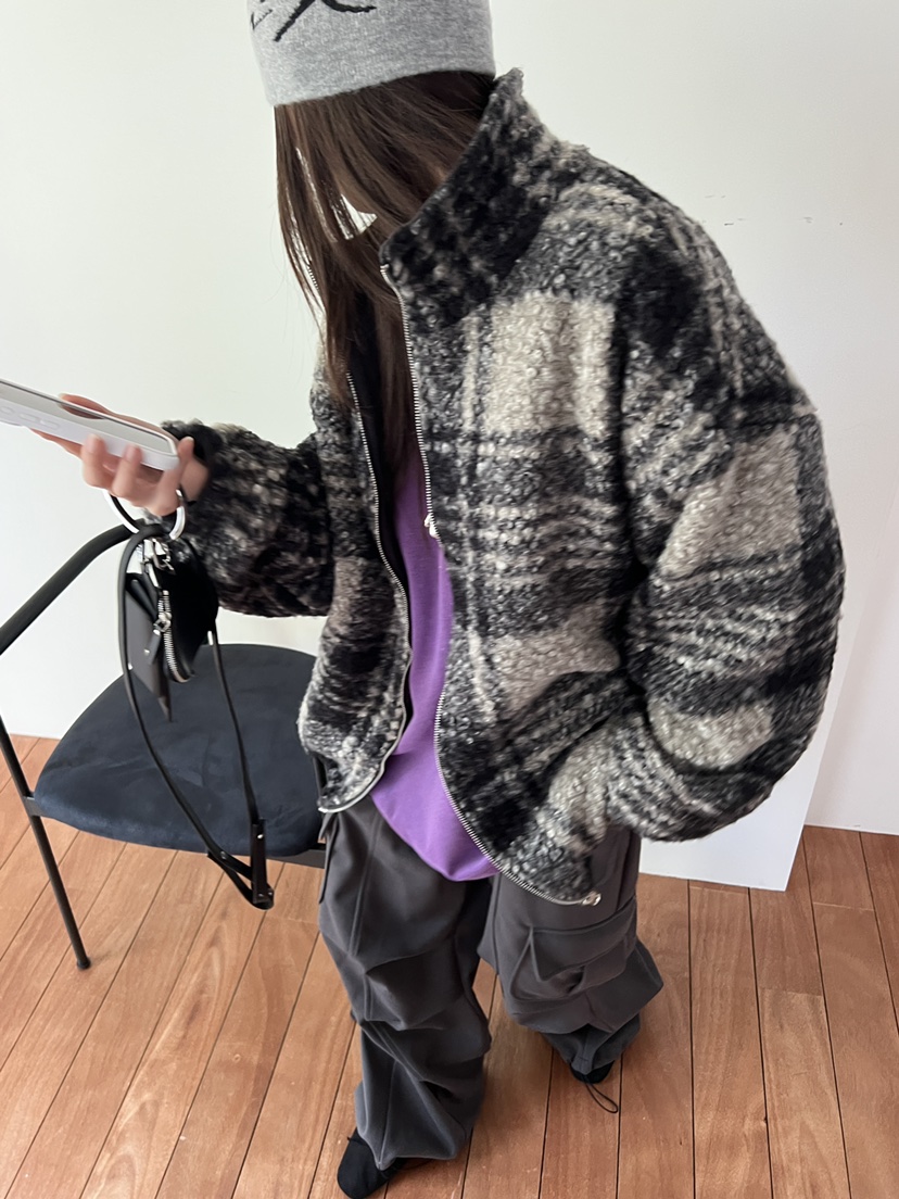 SPECIAL韓國代購26秋冬立領格紋毛絨拉鏈夾克立領抽繩落肩SPECIAL夾克