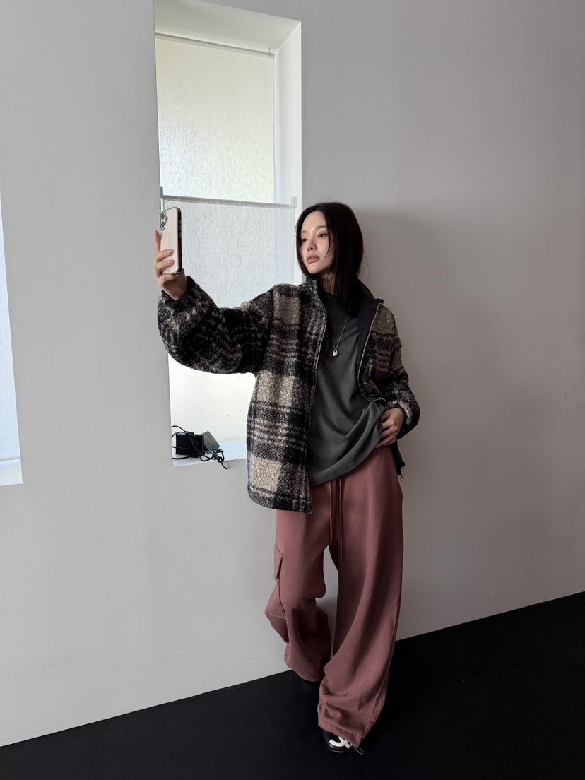 SPECIAL韓國代購26秋冬立領格紋毛絨拉鏈夾克立領抽繩落肩SPECIAL夾克