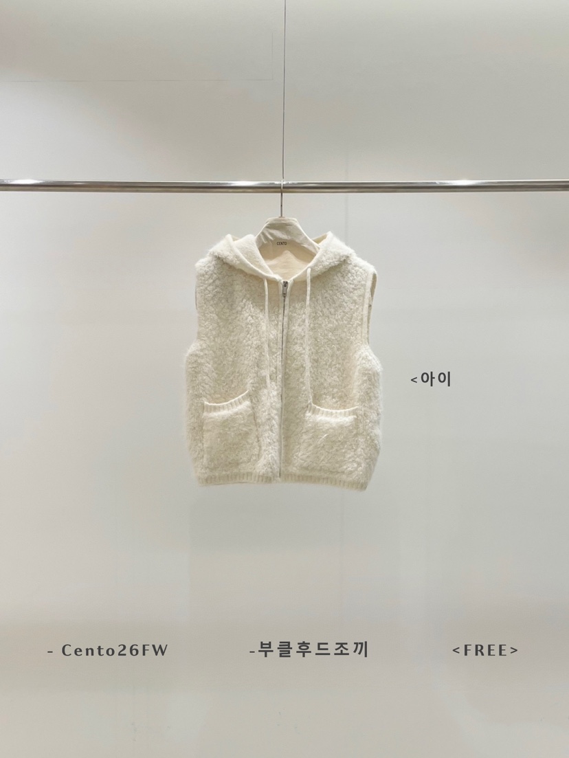 CENTO東大門代購26秋冬毛絨連帽拉鏈馬甲拉鏈開合無袖連帽CENTO馬甲圖色1