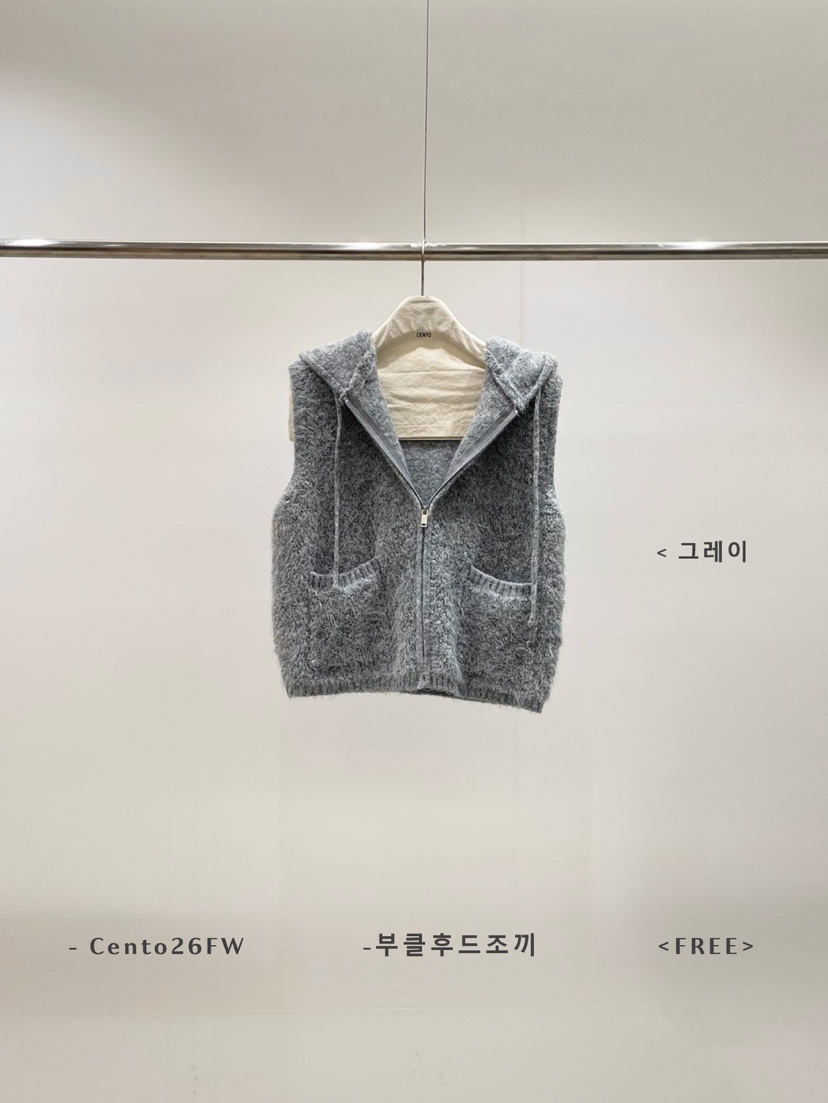 CENTO東大門代購26秋冬毛絨連帽拉鏈馬甲拉鏈開合無袖連帽CENTO馬甲圖色2