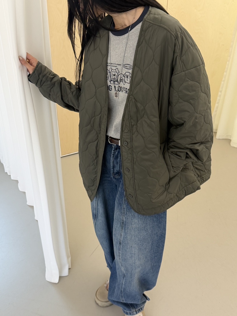 RIVER RAIN韓國代購26秋冬V領絎縫棉服短款棉服V領落肩紐扣絎RIVER RAIN短款棉服