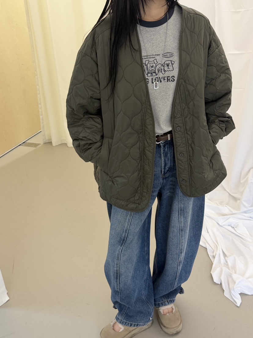RIVER RAIN韓國代購26秋冬V領絎縫棉服短款棉服V領落肩紐扣絎RIVER RAIN短款棉服