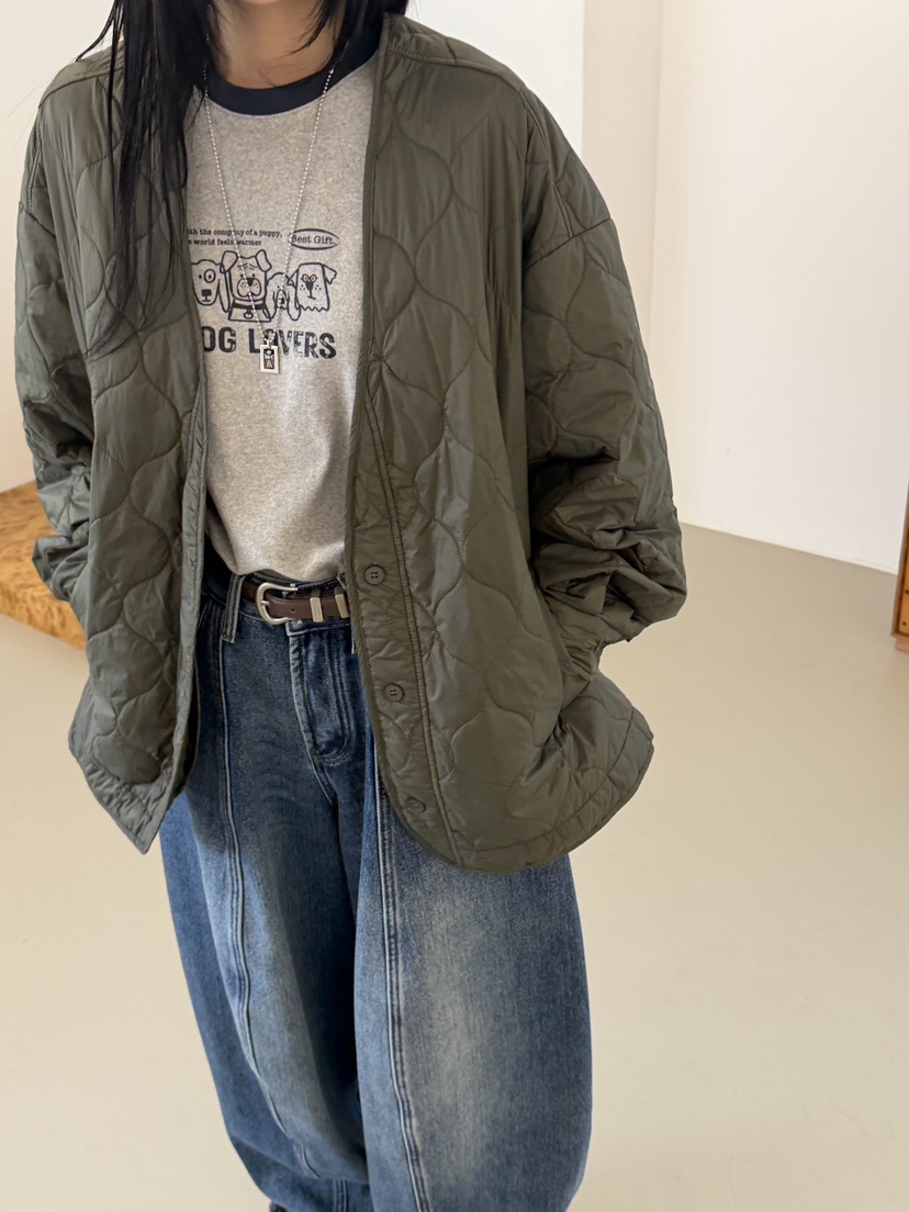 RIVER RAIN韓國代購26秋冬V領絎縫棉服短款棉服V領落肩紐扣絎RIVER RAIN短款棉服