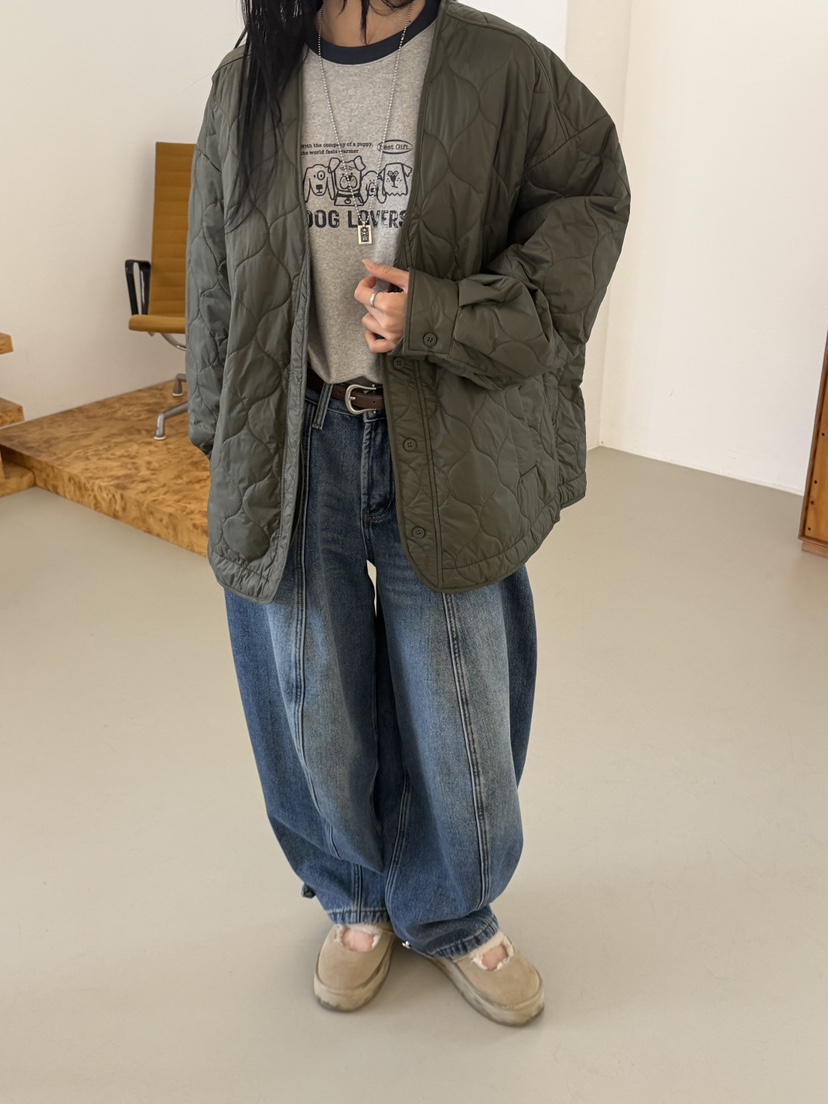 RIVER RAIN韓國代購26秋冬V領絎縫棉服短款棉服V領落肩紐扣絎RIVER RAIN短款棉服