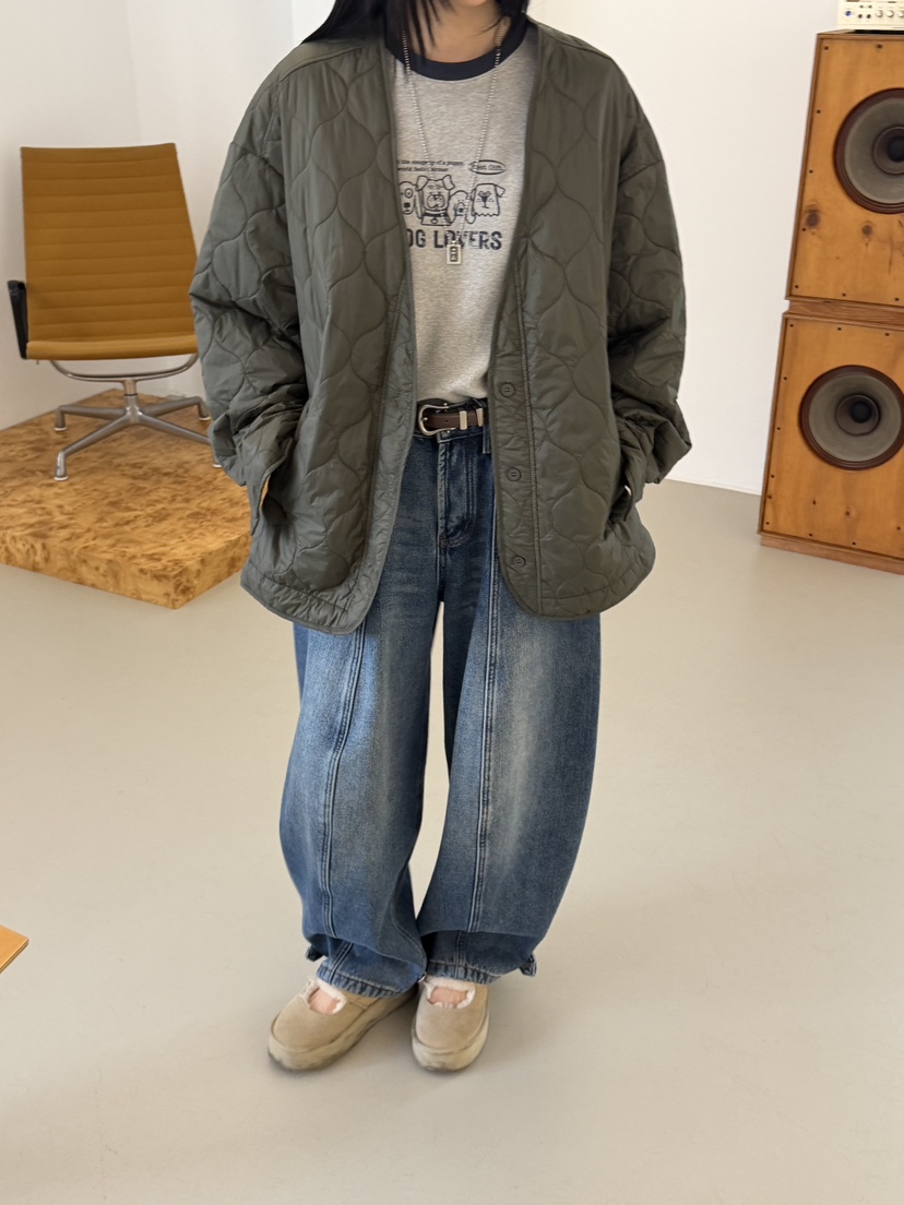 RIVER RAIN韓國代購26秋冬V領絎縫棉服短款棉服V領落肩紐扣絎RIVER RAIN短款棉服