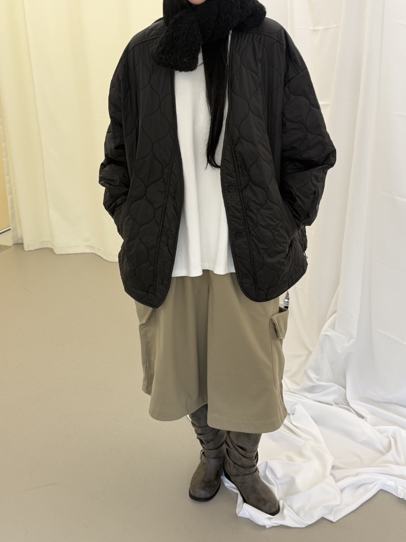 RIVER RAIN韓國代購26秋冬V領絎縫棉服短款棉服V領落肩紐扣絎RIVER RAIN短款棉服