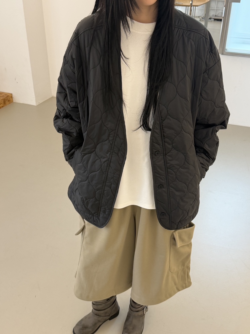 RIVER RAIN韓國代購26秋冬V領絎縫棉服短款棉服V領落肩紐扣絎RIVER RAIN短款棉服
