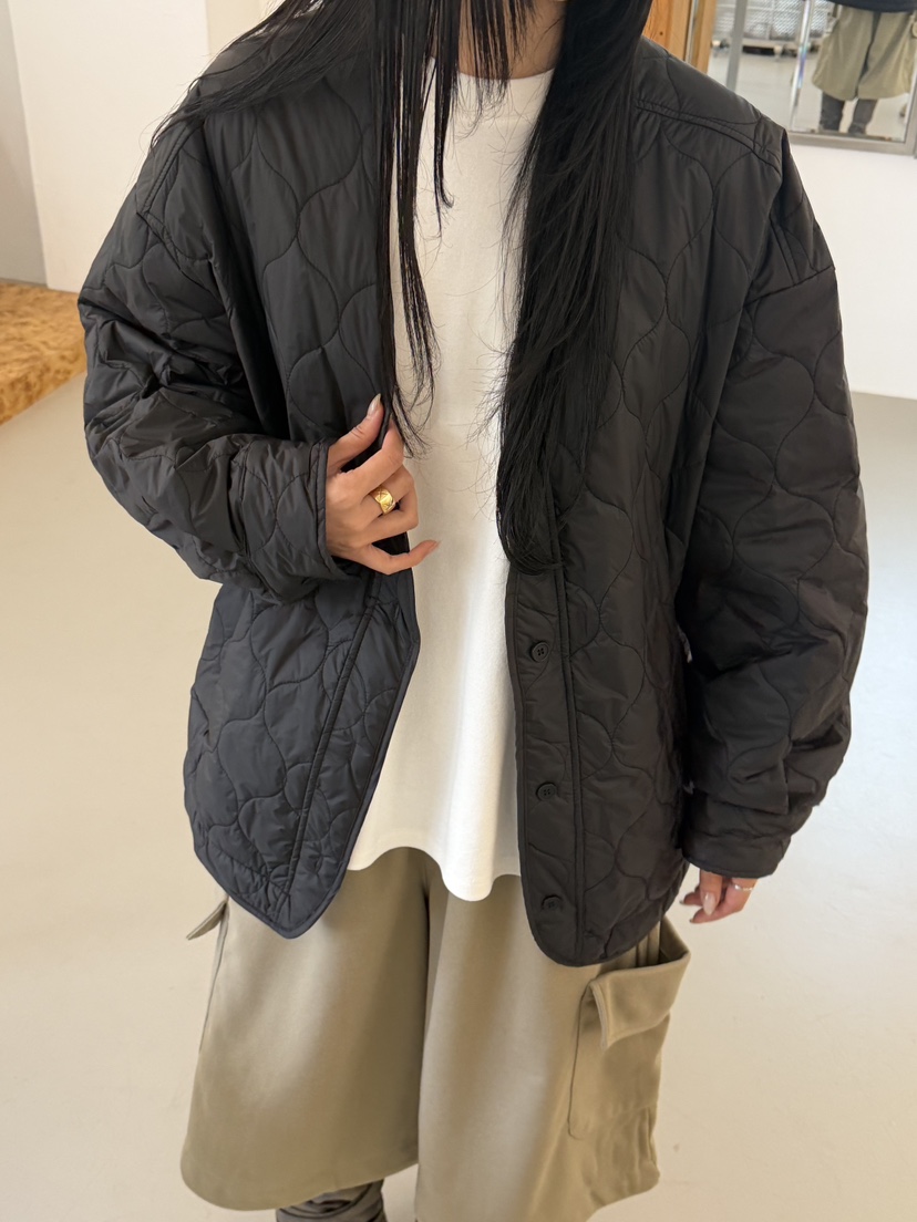 RIVER RAIN韓國代購26秋冬V領絎縫棉服短款棉服V領落肩紐扣絎RIVER RAIN短款棉服