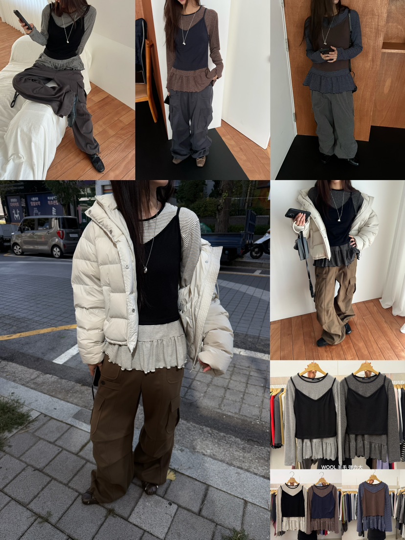 SPECIAL東大門代購26秋冬假兩件荷葉邊條紋上衣套裝假兩件荷葉SPECIAL套裝