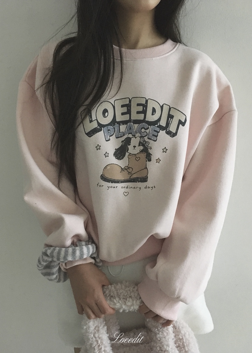LOEEDIT東大門實拍26秋冬寬松圓領卡通印花衛衣印花落肩圓領寬LOEEDIT衛衣圖色2粉色
