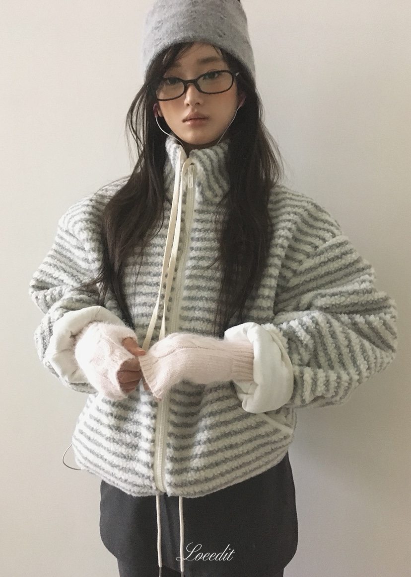 LOEEDIT東大門實拍26秋冬寬松條紋羊羔毛立領衛衣拉鏈開合立領LOEEDIT衛衣圖色2黑色