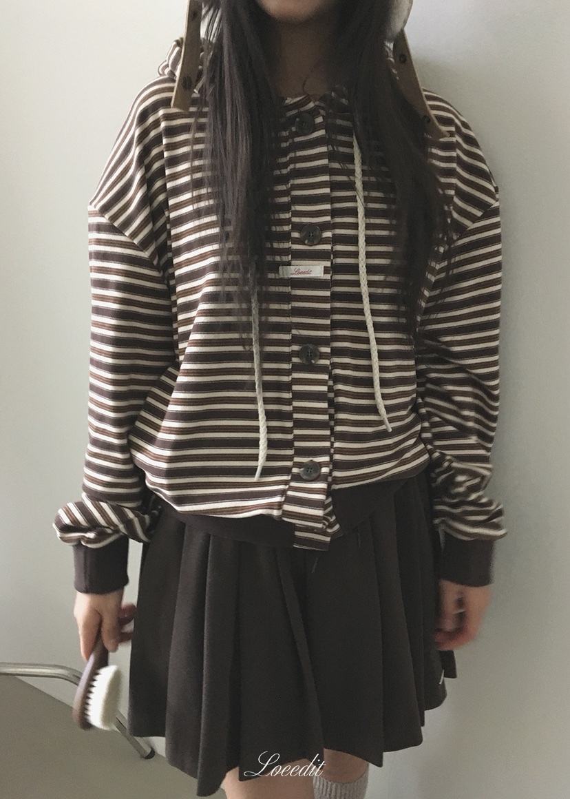 LOEEDIT東大門實拍26秋冬寬松條紋連帽開衫衛衣落肩寬松紐扣羅LOEEDIT衛衣