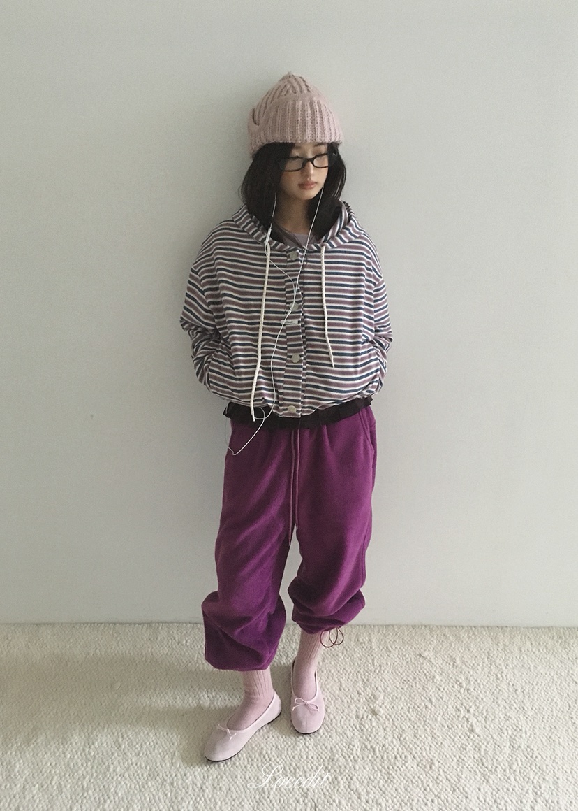 LOEEDIT東大門實拍26秋冬寬松條紋連帽開衫衛衣落肩寬松紐扣羅LOEEDIT衛衣