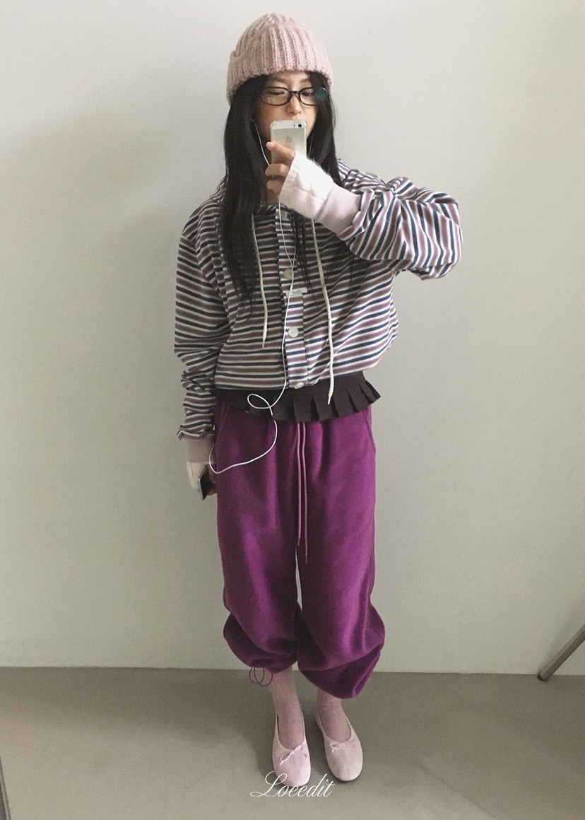 LOEEDIT東大門實拍26秋冬寬松條紋連帽開衫衛衣落肩寬松紐扣羅LOEEDIT衛衣