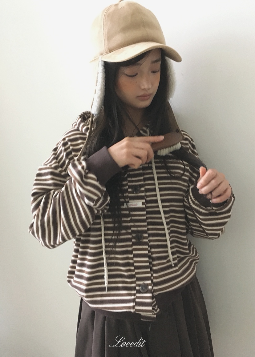 LOEEDIT東大門實拍26秋冬寬松條紋連帽開衫衛衣落肩寬松紐扣羅LOEEDIT衛衣圖色1棕色
