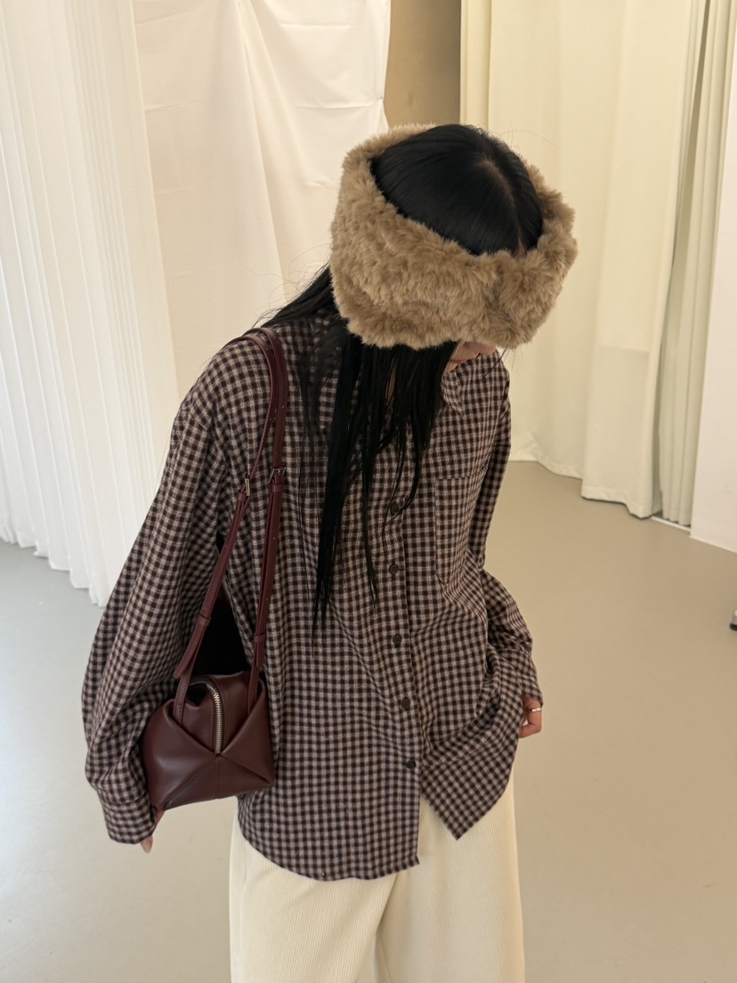 RIVER RAIN韓國代購26秋冬寬松格紋襯衫蕾絲衫單排扣格紋落肩RIVER RAIN襯衫/蕾絲衫