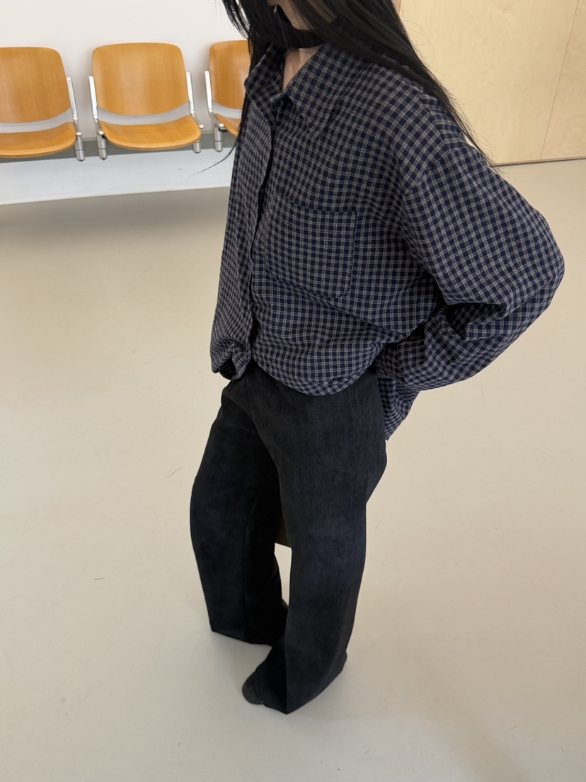 RIVER RAIN韓國代購26秋冬寬松格紋襯衫蕾絲衫單排扣格紋落肩RIVER RAIN襯衫/蕾絲衫