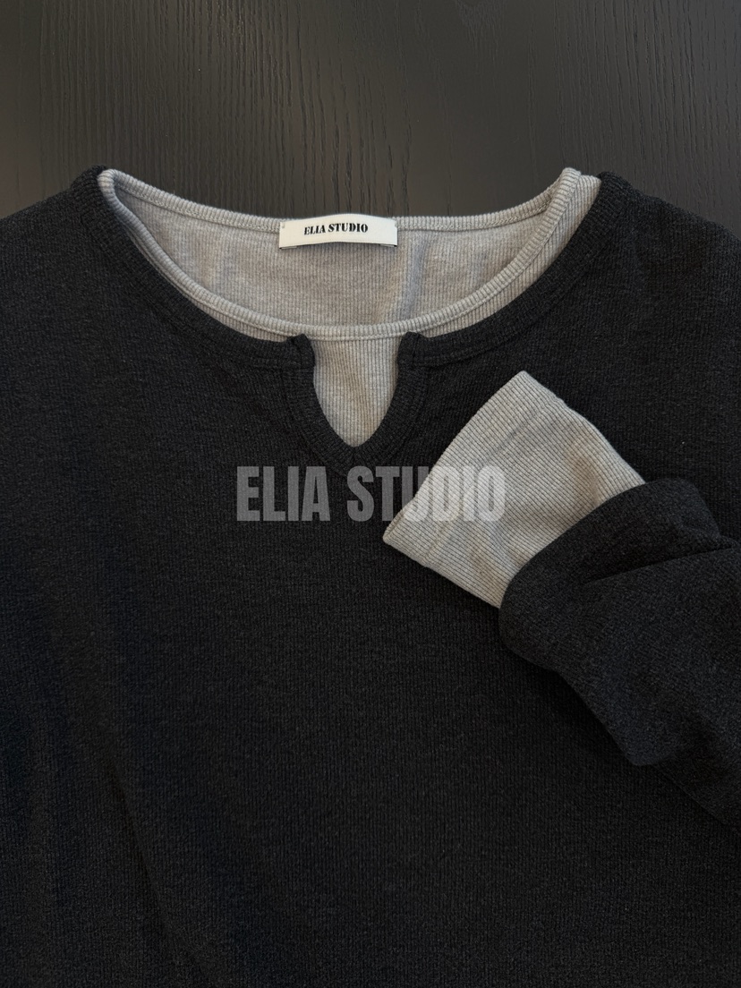 ELIA STUDIO東大門直郵26秋冬小V領缺口短款長袖T恤V領短款ELIA STUDIO長袖T恤
