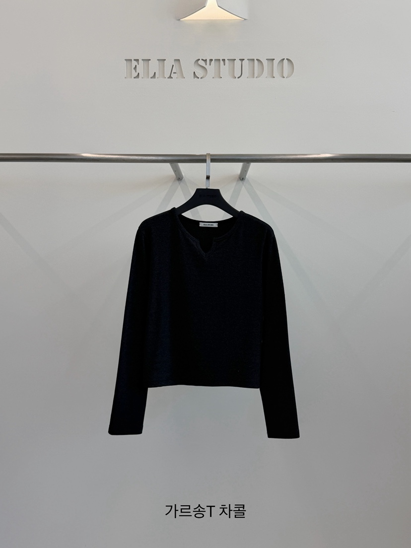 ELIA STUDIO東大門直郵26秋冬小V領缺口短款長袖T恤V領短款ELIA STUDIO長袖T恤圖色3墨色