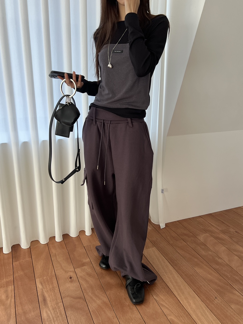 SPECIAL韓國代購26秋冬高腰闊腿工裝休閑褲工裝褲口袋系帶抽繩SPECIAL休閑褲