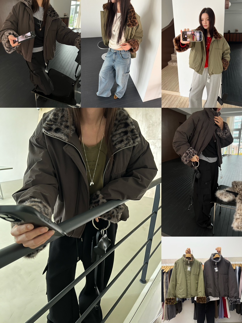 SPECIAL韓國直郵26秋冬豹紋毛領短款夾克羽絨服抽繩豹紋落肩寬SPECIAL夾克