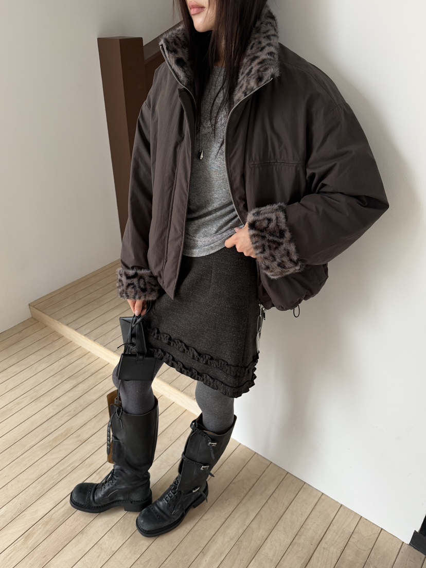 SPECIAL韓國直郵26秋冬豹紋毛領短款夾克羽絨服抽繩豹紋落肩寬SPECIAL夾克