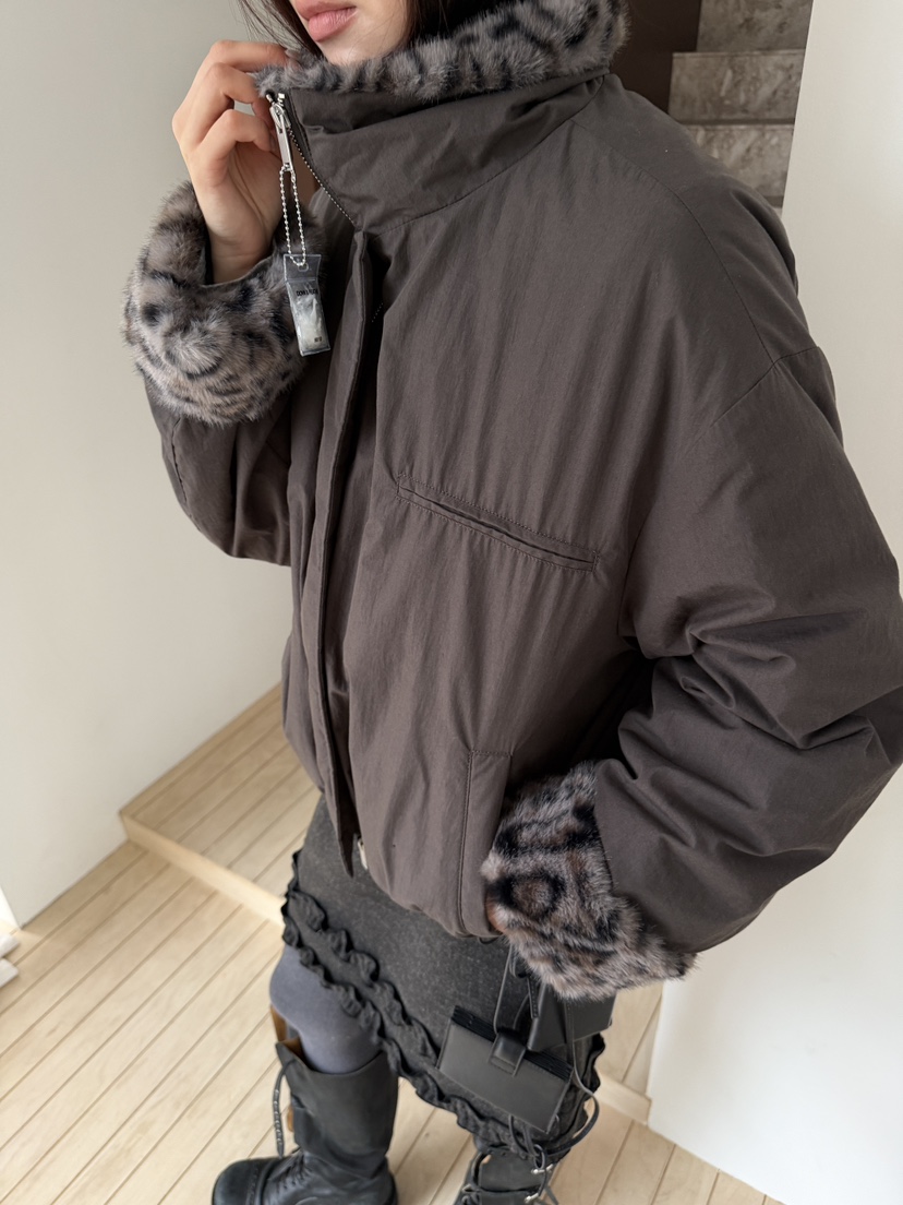 SPECIAL韓國直郵26秋冬豹紋毛領短款夾克羽絨服抽繩豹紋落肩寬SPECIAL夾克