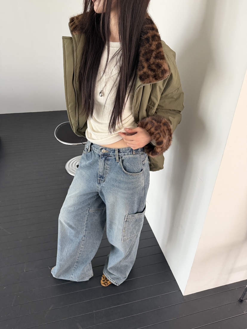 SPECIAL韓國直郵26秋冬豹紋毛領短款夾克羽絨服抽繩豹紋落肩寬SPECIAL夾克