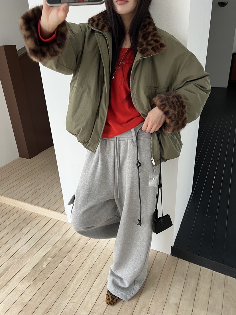 SPECIAL韓國直郵26秋冬豹紋毛領短款夾克羽絨服抽繩豹紋落肩寬SPECIAL夾克