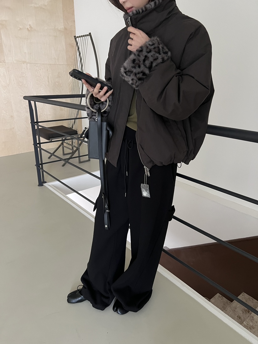 SPECIAL韓國直郵26秋冬豹紋毛領短款夾克羽絨服抽繩豹紋落肩寬SPECIAL夾克