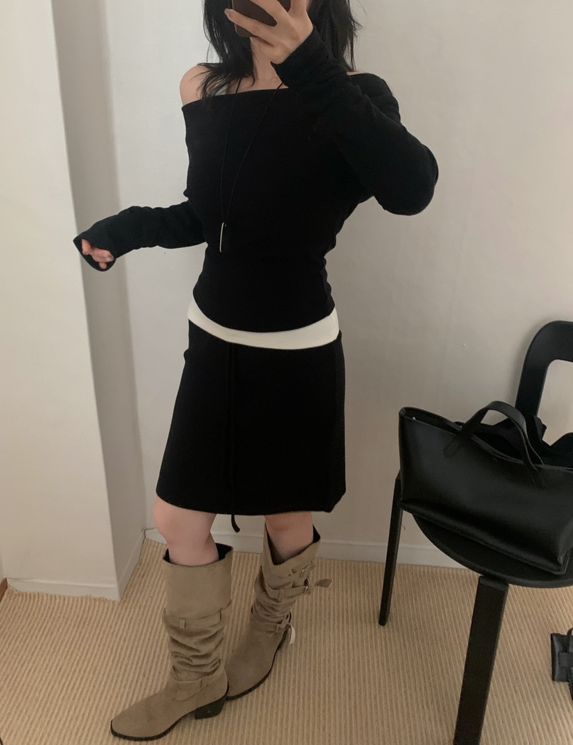 TEWNTY FOUR SEVEN24-7東大門實拍26秋冬蕩領針織套裝抽繩直筒TEWNTY FOUR SEVEN24-7套裝