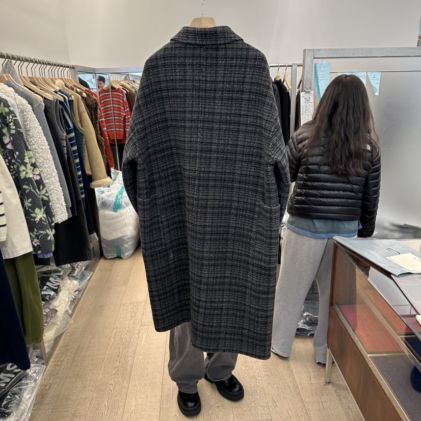 LTMS韓國直郵26秋冬復古格紋中長款毛呢大衣中長款大衣雙排扣LTMS中長款大衣
