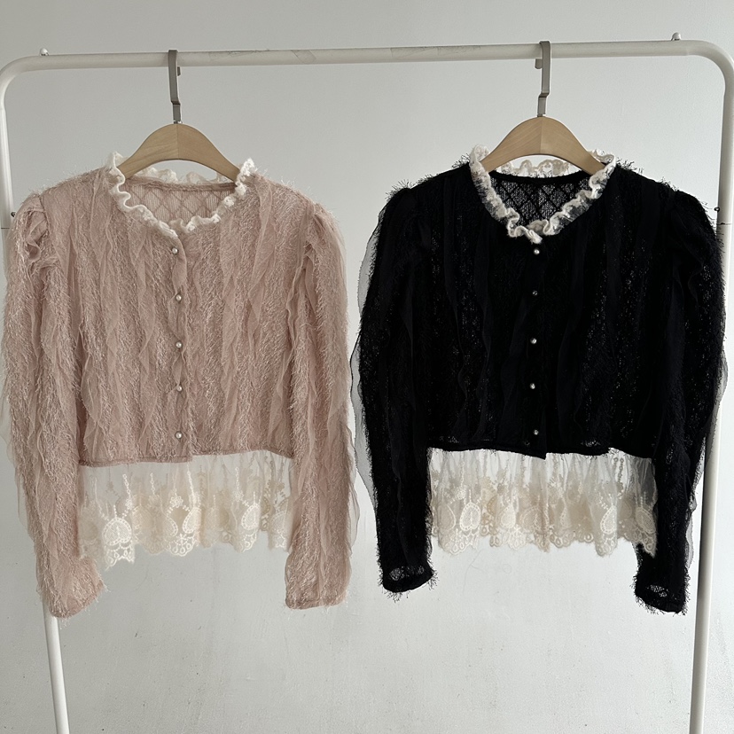 JENNY 1976東大門代購26秋冬蕾絲拼接短款開衫襯衫蕾絲衫蕾絲JENNY 1976襯衫/蕾絲衫