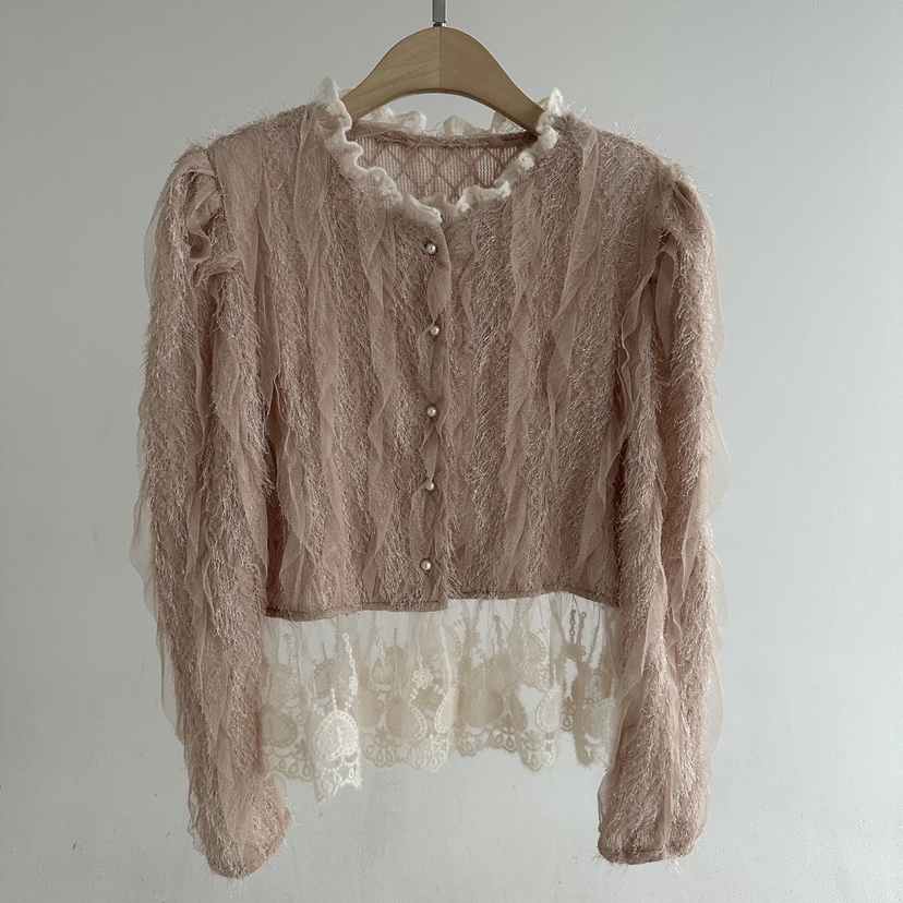 JENNY 1976東大門代購26秋冬蕾絲拼接短款開衫襯衫蕾絲衫蕾絲JENNY 1976襯衫/蕾絲衫圖色1