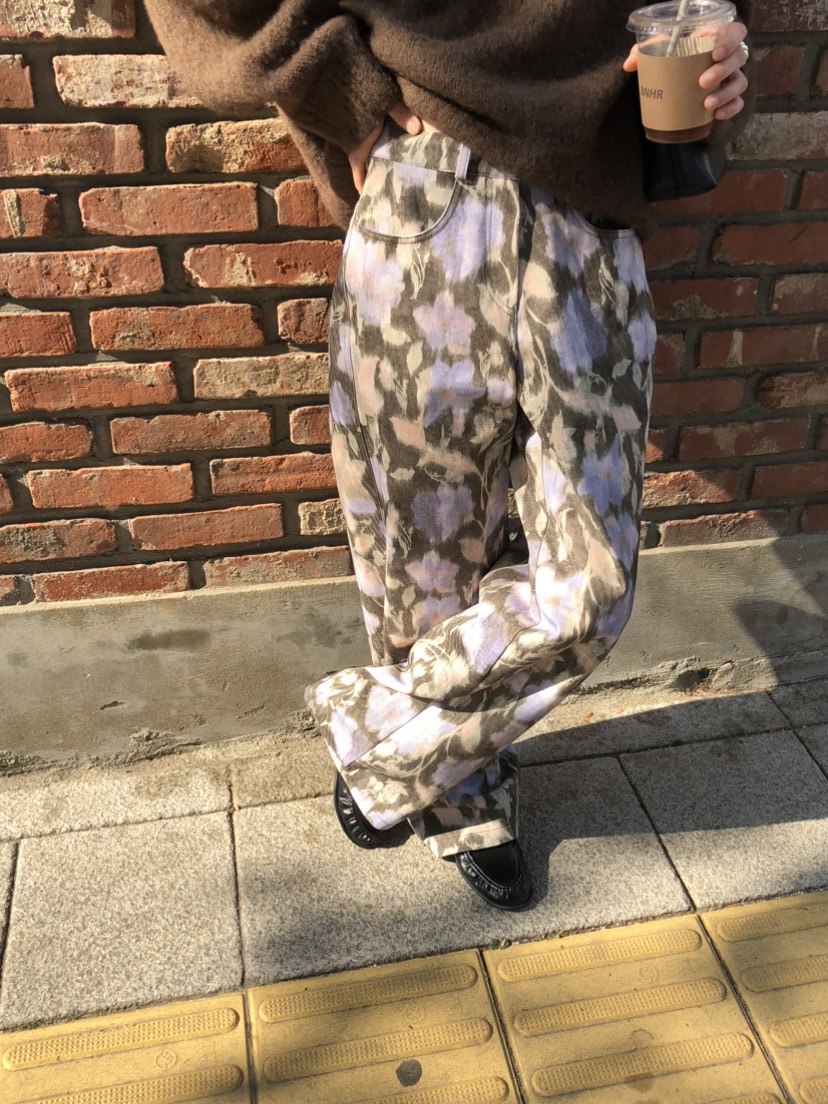 MOREMORE東大門實拍26秋冬復古花卉闊腿褲休閑褲復古寬松MOREMORE休閑褲