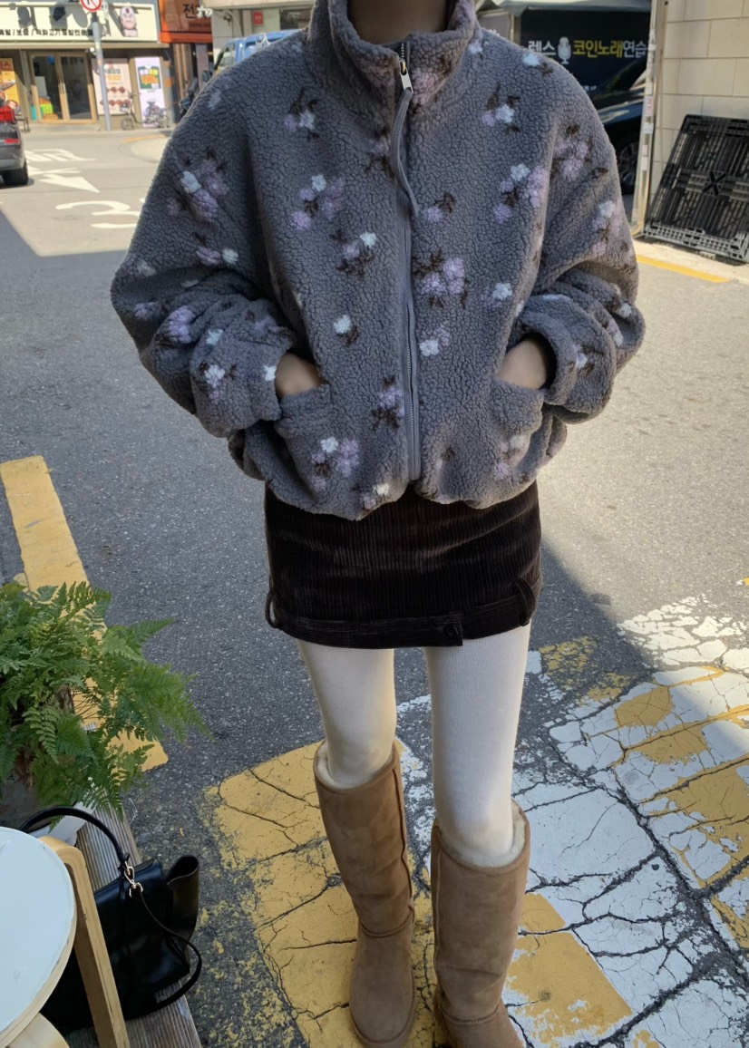 OUPPT東大門實拍26秋冬復古花卉羊羔毛立領夾克拉鏈開合立領落OUPPT夾克