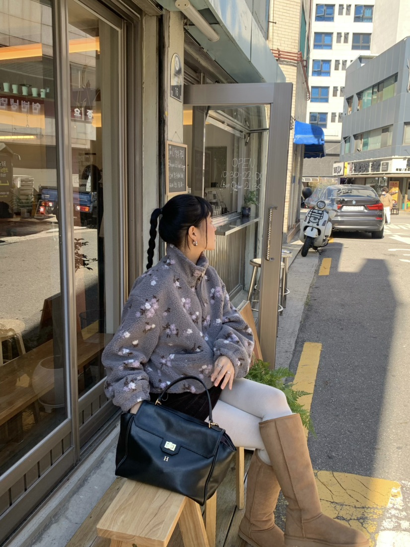 OUPPT東大門實拍26秋冬復古花卉羊羔毛立領夾克拉鏈開合立領落OUPPT夾克